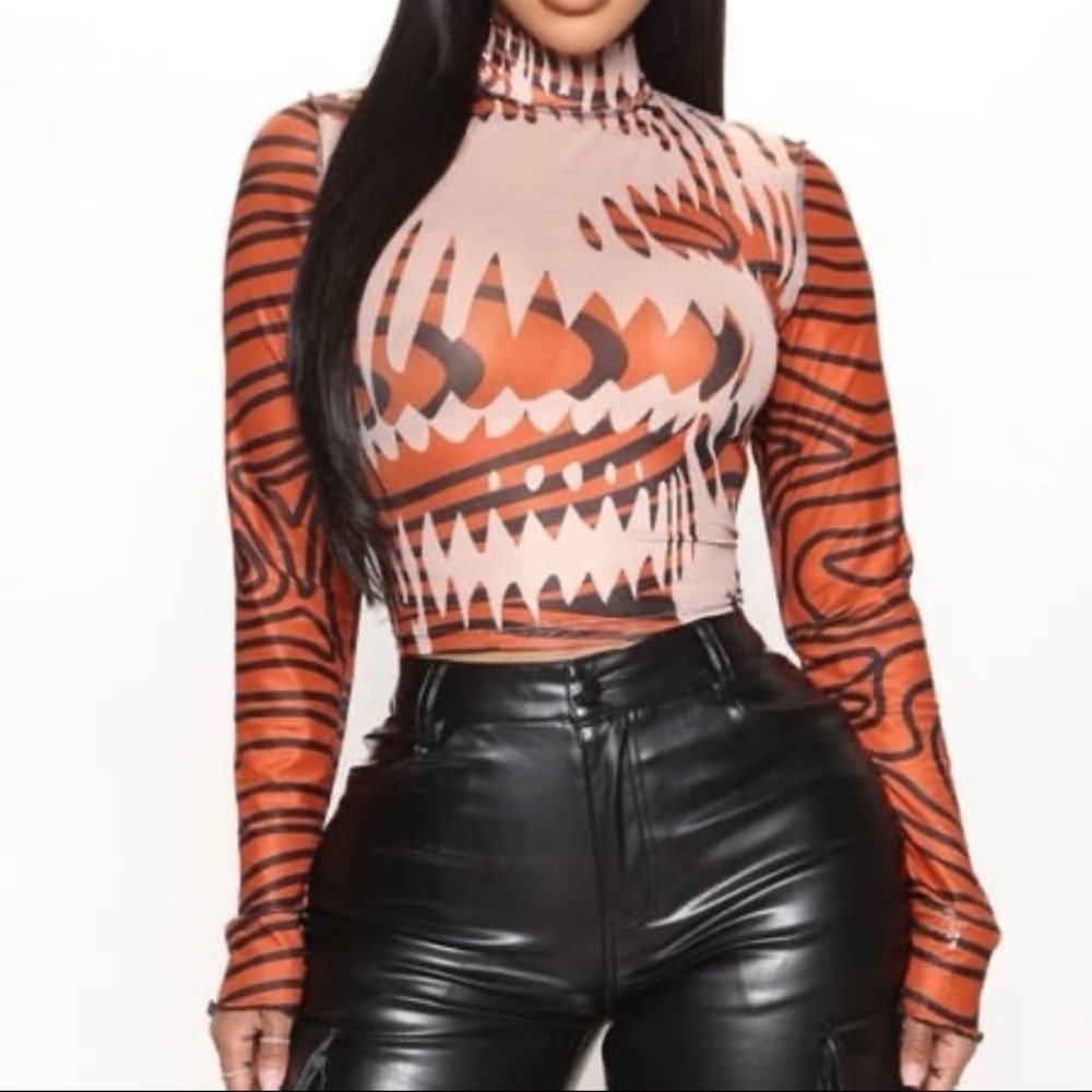 Fashion Nova Geometric Mesh Crop Top in Orange and Black
